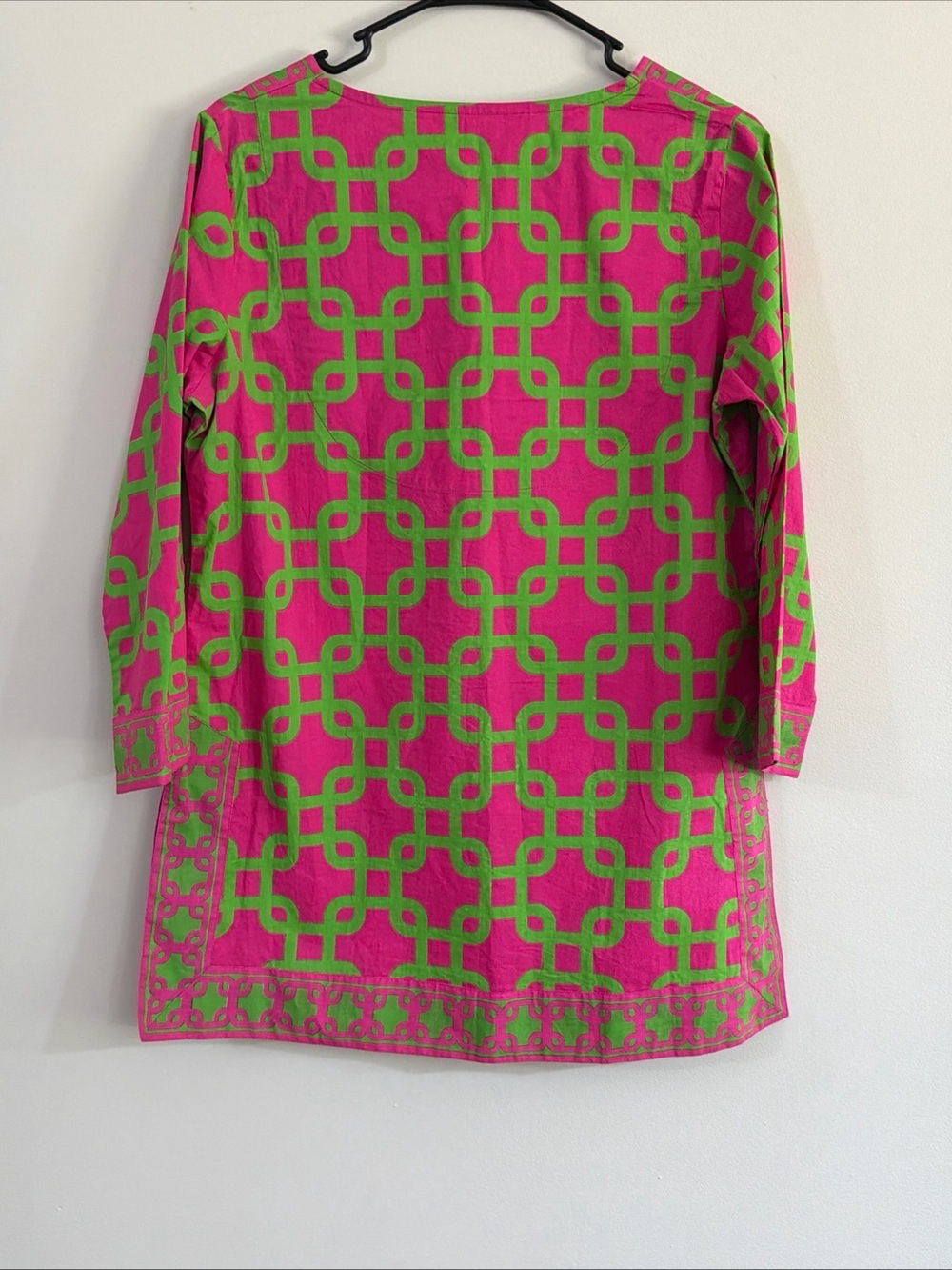 Gretchen Scott Small Cotton V Neck Tunic Top Pink Green Geometric Chain Link - Picture 6 of 11
